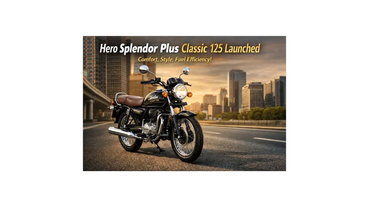 Hero Splendor Plus Classic 125 motorcycle on urban road, retro styling, comfortable commuter bike